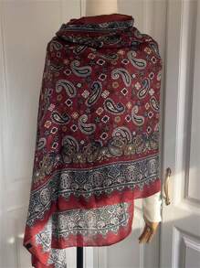 女士多功能长款披肩围巾，轻薄透气，春夏百搭，丝质围巾，秋冬新款大花围巾，适合搭配连衣裙 - 酒紅色 - 查看 3