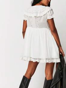 Women's 2025 Summer Short Sleeve Casual Short Mini Dresses Lace Patchwork Hem V Neck A-Line Sundress - White - View 9