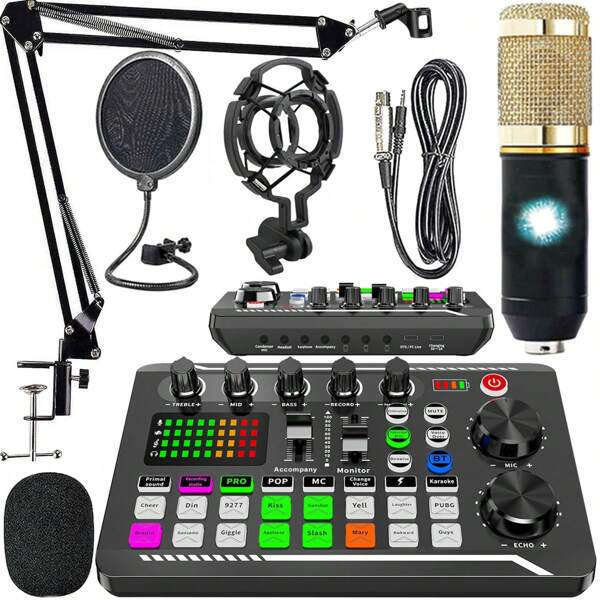 Paquete de equipo de podcast, paquete de estudio de grabación con cambiador de voz, tarjeta de sonido en vivo: interfaz de audio para computadora portátil, vlog, transmisión en vivo