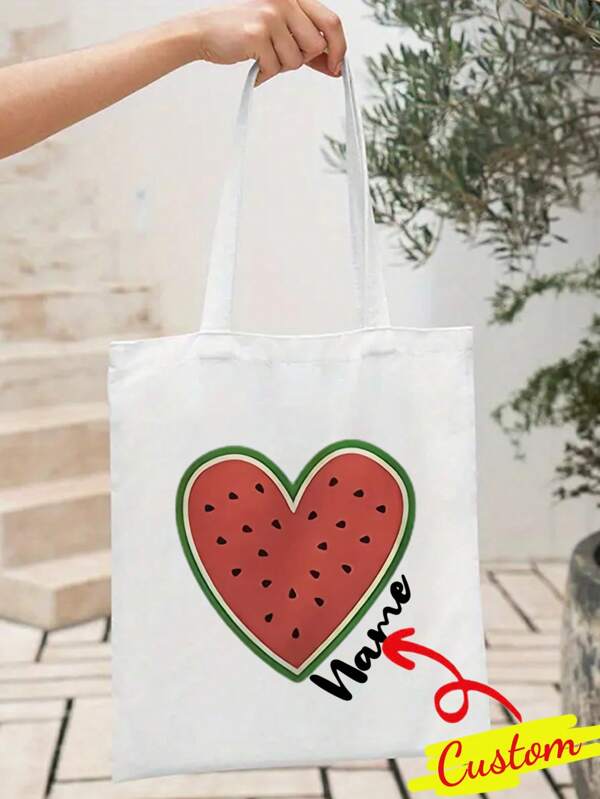 1pc Personalized Custom Name Watermelon Heart Canvas Tote Bag, Large Capacity Shoulder Bag For Women, Reusable Shopping Bag, Washable, Suitable For Travel And Daily Commuting, A Must-Have For Summer Beach Vacation