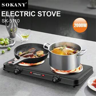 SOKANY Piastra di cottura elettrica SOKANY, piano cottura a induzione portatile, piastra di riscaldamento elettrica da 2000W con doppia piastra, controllo temperatura a 5 velocità, superficie in acciaio inossidabile, spia di riscaldamento, controllo automatico della temperatura, protezione dal surriscaldamento. Adatta per qualsiasi tipo di stoviglia, molto adatta per roulotte/famiglia/campeggio/appartamento/laboratorio