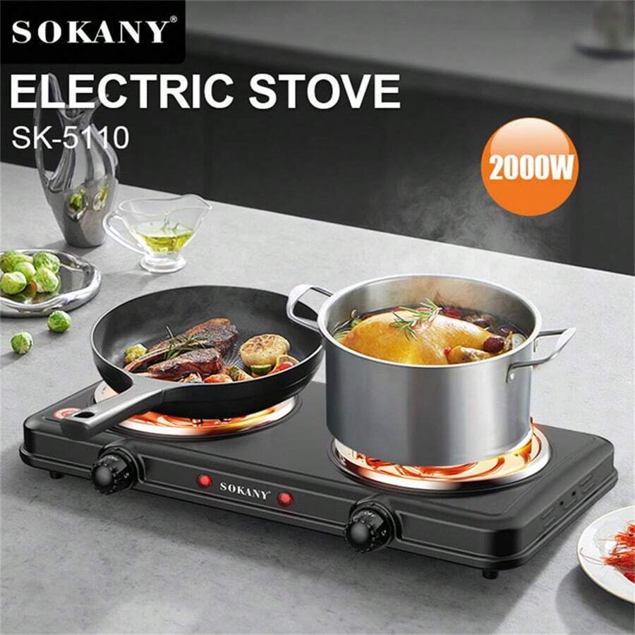 SOKANY SOKANY Electric Stove, Electromagnetic Stove Table, Portable Cooking Electric Heating Plate, Dual Stove Design, 2000W High Power, 5-Speed Temperature Control, Stainless Steel Surface, Heating Indicator Light, Built-In Temperature Control, Overheating Protection.Suitable For All Cookware, Very Suitable For RV/Family/Camping/Apartment/Laboratory