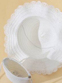 2pcs/Set White Summer Wave Beach Sun Hat & Straw Crossbody Wallet Set, Sweet Style For Daily, Holiday, And Travel