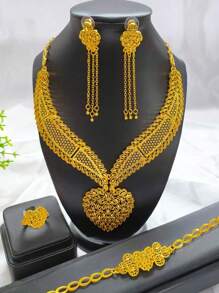 1 dây chuyền, 1 vòng tay, 1 đôi hoa tai & 1 nhẫn, 4 món/bộ thời trang thiết kế lá đồng & bông lúa mì mạ vàng dành cho phụ nữ, phù hợp với Ả Rập Saudi, Trung Đông, Dubai, Châu Âu, Hoa Kỳ, đám cưới, những dịp trang trọng, quà tặng ngày lễ - Vàng - Xem 2