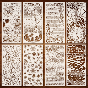 8Pcs Vintage Collection Stencil Set, General Purpose Plastic Reusable Stencils, Polyester, For DIY Scrapbooking, Making Cards, Albums, Crafts, Music Symbols And Floral Designs,Back To School,School Supplies