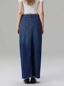 Women's Mid Waist Denim Skirt Solid Color Long A-Line Skirt With Pockets - Màu xanh lam - Xem 6