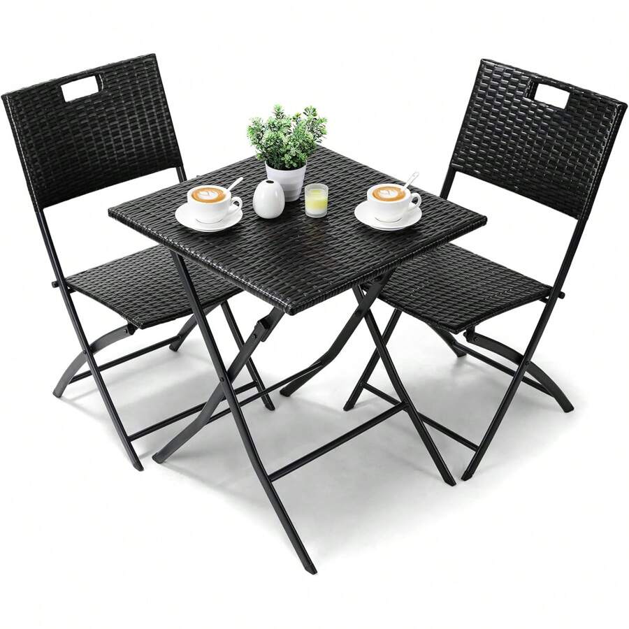 Balcony Furniture Rattan Set 3-Piece, 1 Folding Table And 2 Chairs, Balcony Furniture Foldable, Bistro Garden Furniture - 黑色 - 查看 1