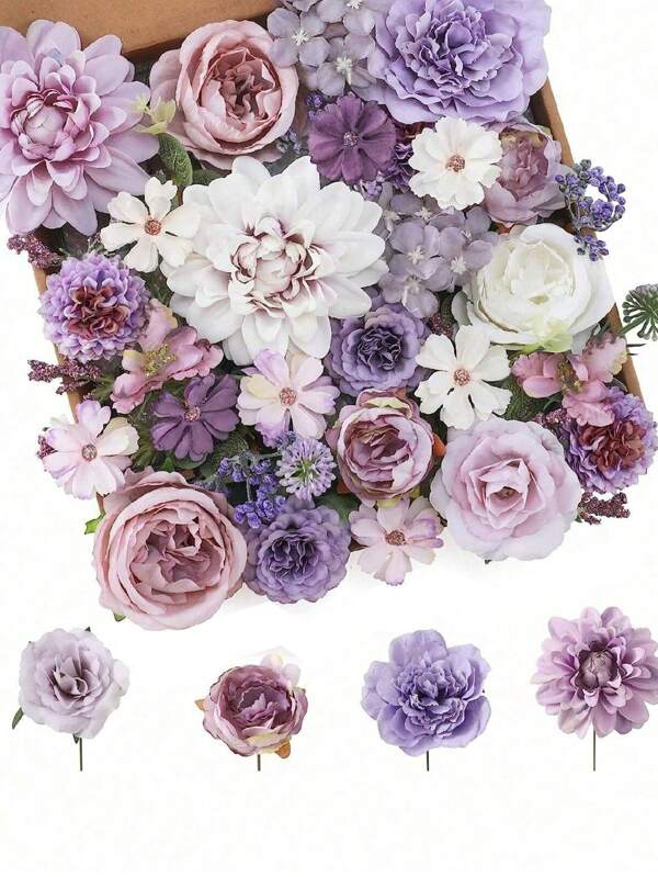 20pcs-Floweroyal Artificial Flowers Combo Purple Flowers Mix Silk Flowers Dahlia Roses With Stems For DIY Wedding Bridal Bouquets, Baby Shower, Floral Arrangement, Table Centerpieces, Home Decorations Gifts Birthday Graduation