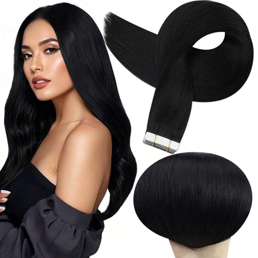 Human Hair Extension Tape In Hair Extensions Real Remy Hair Jet Black 50 Gram 20 Pcs/Pack Invisible Tape In Natural Human Hair - Black - View 1
