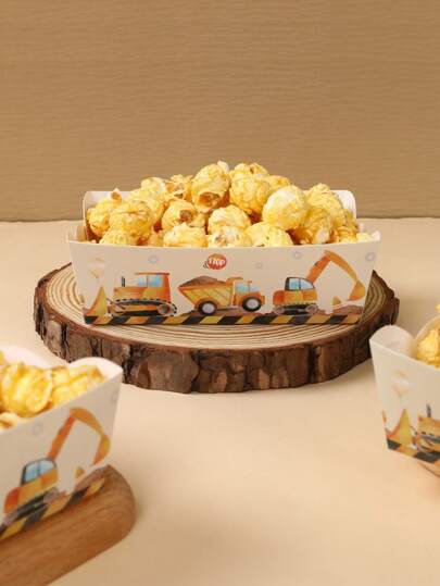 Bandejas de papel para festa com tema de veículo de engenharia (6/12 peças), pratos e tigelas descartáveis de papel com estampa de veículo de engenharia, utensílios de mesa para festa de aniversário de veículo de engenharia, decoração de mesa para sala de jantar e cozinha com tema de veículo de engenharia, recipiente para comida, caixas de papel para pipoca e batata frita, baldes de pipoca para noite de cinema em família, artigos para festas, lembrancinhas