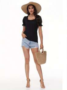 GEREARC Womens Basic Top Square Neck Ruffled Cuffs Sleeve  Loose Blouse T Shirts