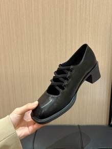 Women's Ballet-Inspired Vintage French Elegant Criss-Cross Elastic Strap Mary Jane High Heels, Square Toe Low-Cut Slip-On Pumps