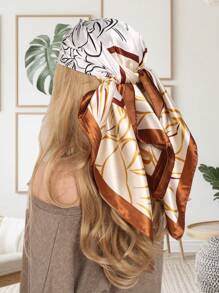 1 Piece Women Bandana Beach Accessories Simple Line Flower Contrast Color Print Square Headscarf Spring And Summer Satin Silk Scarf Hair Scarf Beach Towel Birthday Gift For Dress - Multicolor - View 3