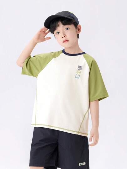  Moisture-Wicking Breathable Color Blocked Short Sleeve T-Shirt, Fashionable For Young Boy, Zosee