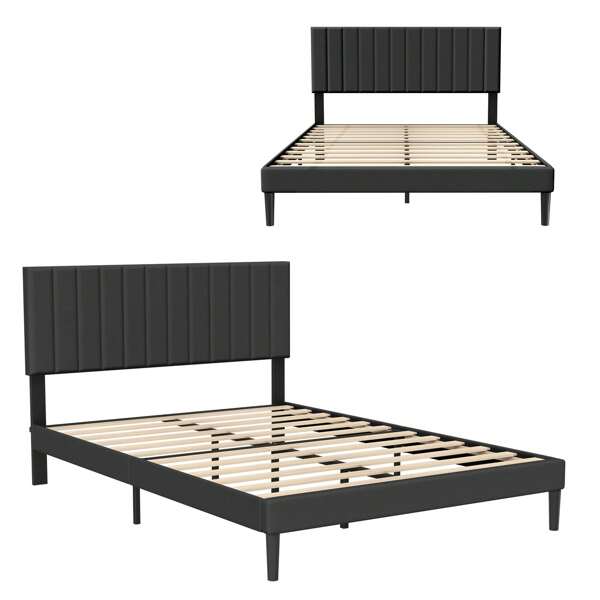 VA-Cerulean Estrutura de cama estofada (90/140/160 x 200 cm) - Cabeceira estofada com botões, estrutura de cama de plataforma com ripas de madeira de veludo, cama de casal para adultos e adolescentes (bege/preto)