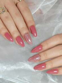 24pcs Long Almond / Short Square Press-On Nails Set, Gentle Minimalist Blush Multi-Color Shimmery Full Coverage Press-On Nails, Suitable For Girls And Ladies As Gifts, Parties, Office Wear, Includes Adhesive Tape And Nail File