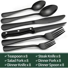 48-Piece Black Silverware Set With Organizer, Black Flatware Set With Steak Knives For   Tainless Steel Tableware Cutlery Set, Mirror Finished Utensil Sets For Home Restaurant