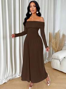 abyoxi Solid Color Off-The-Shoulder Pleated Asymmetrical Waist Long Sleeve High Elegance Women's Long Dress For Party Dates, Back To School, Fall/Winter Clothes For Women