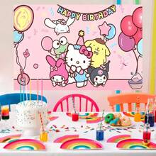 Sanrio 1 pezzo Striscione decorativo con sfondo di gruppo fotografico a tema cartoni animati per festa di compleanno, perfetto come decorazione per festa a tema cartoni animati, tappezzeria per camera da letto, foto di gruppo, dimensioni 82,7*59,1 *39,4/39,4*29,5 pollici