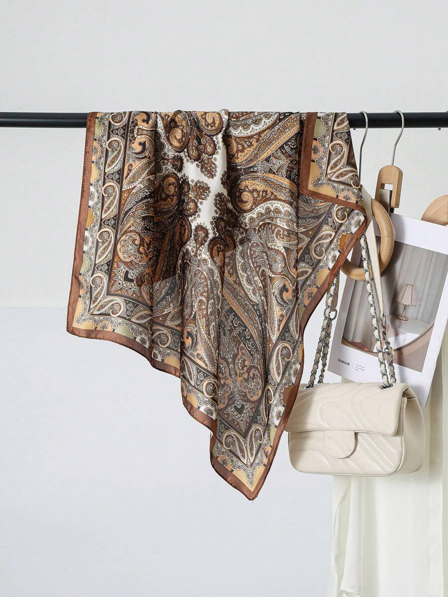 70cm Faux Silk Square Scarf For Women Bandana Beach Accessories Paisley Floral Print Neck Shawl, Headscarf, Suitable For Summer Beach For Dress - A - View 1