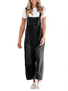 Women's Casual Denim Overall Jumpsuit Loose Adjustable Shoulder Straps Make Old Denim Cargo Belt Pockets - 黑色 - 查看 4