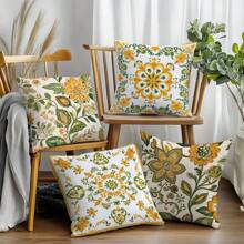 4pcs/Set Symmetric Yellow Floral Cushion Cover, Single-Sided Printed Peach Velvet Material, 45*45CM/18*18inch, Decorative Throw Pillow Case For Modern Fabric Sofa, Indoor Decor, Party Decor, Gift