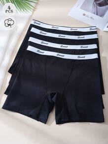 4条装黑色高腰长款棉质短裤，女士休闲日常穿着 - 黑色 - 查看 4