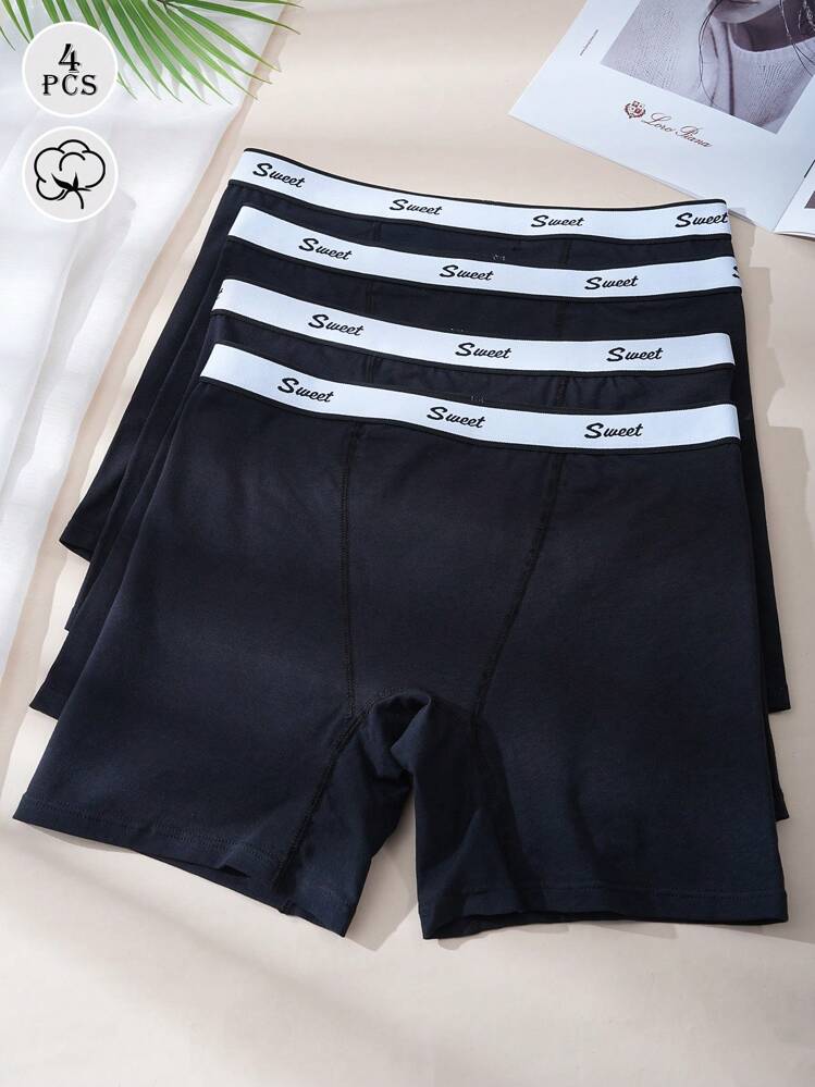 4 pièces Shorts longs en coton à taille haute noirs, portés quotidiennement de manière décontractée pour femmes - Noir - Voir 4