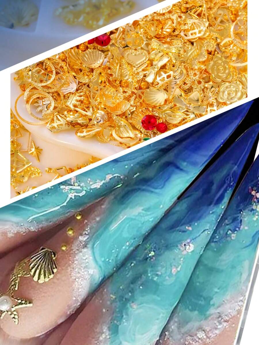6-Grid Box Nail Rivet Decoration Accessories Golden Hollow Shape Decoration Shell Conch, Crescent Star And Heart-Shaped Diamond Crown For DIY Nail Decoration Handmade Creative Accessories