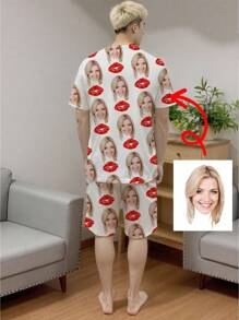 Conjunto de pijama de manga corta personalizado para hombres, con foto retrato personalizada, regalo, novedad, primer plano grande, reemplazo de rostro, tela liviana de secado rápido y cómoda, regalo para amigos/pareja, regalo de fiesta/cumpleaños, colorido, lindo, adorable