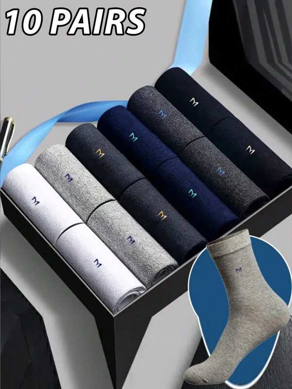10 Pairs Men's Business Casual Socks, Moisture Wicking, Odor Resistant, Mid-Calf Crew Socks With Alphabet Pattern - Machine Washable