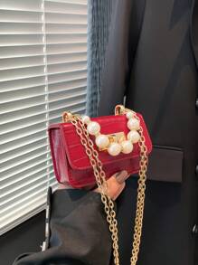 1pc Crocodile Pattern Jelly Bag Children's Handbag Coin Purse Pearl Crossbody Small Bag, Exquisite And Fashionable Pearl Handbag Small Square Bag, Suitable For Girls To Go Shopping, Daily Use, Attend Parties, Sweet And Cute Princess Style Crossbody Chain Bag, Pearl Handbag Chain Shoulder Strap, Magnetic Buckle Flip Closure Opening Method, The Best Choice For Little Girls As A Gift - Pearl Handbag - View 9