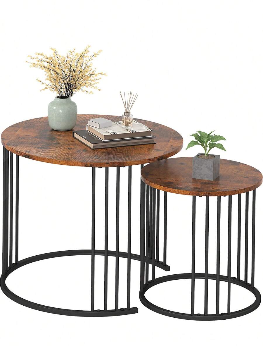 Nesting Coffee Table Set Of 2, Round Table, Morden End Side Table Night Stand For Bedroom Dining Room - Brown - View 1