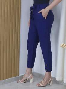 Linen Pants With High Waist Belt - 藏蓝色 - 查看 3