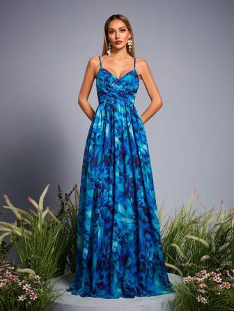 Robe longue élégante de demoiselle d'honneur imprimée Mgiacy-Floral, en mousseline de soie froncée, avec col en V, nouvelle arrivée