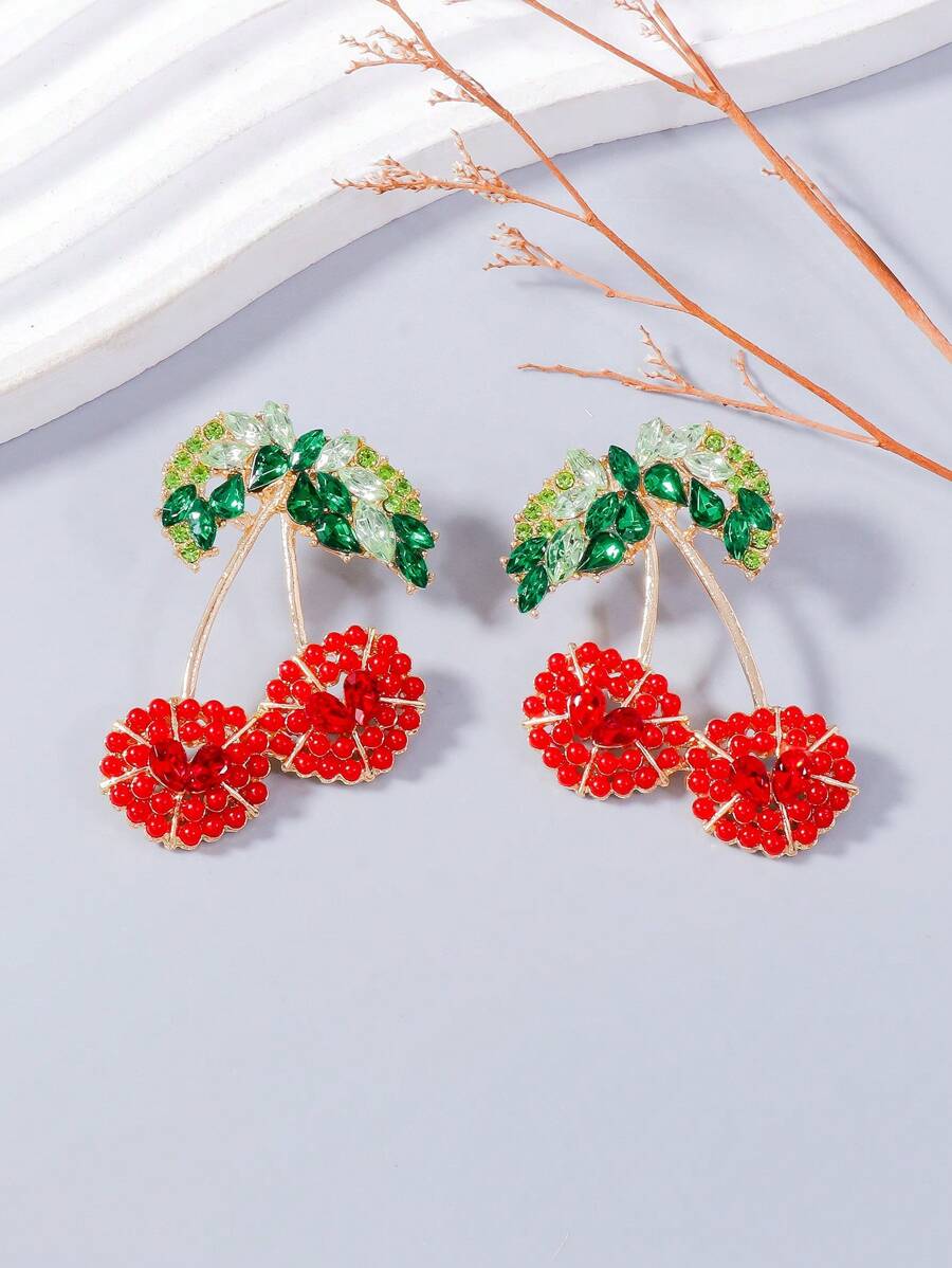 juran 1 对可爱水晶樱桃耳环，卡通水果装饰耳环，适合女士，派对/节日配饰 - 紅色 - 查看 1