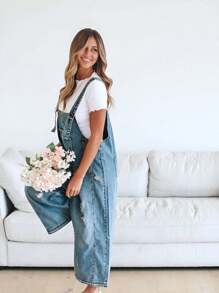 Women's Casual Denim Overall Jumpsuit  Loose Adjustable Shoulder Straps Make Old Denim Cargo Belt Pockets - 藍色 - 查看 5