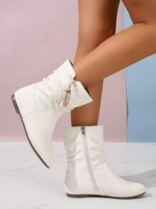 女式白色褶皱侧拉链流苏平底圆头舒适百搭休闲/工作时尚踝靴 - 白色 - 查看 4