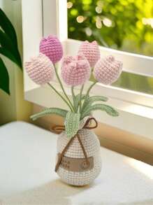 1 件手工钩编郁金香花束装饰，采用纱线花瓶中的永生花制成，用于汽车仪表板、家居装饰、办公桌展示，适用于各种房间类型和节日装饰（织物标签为随机款式，有些可能没有标签，拍照时因灯光原因略有色差，请谅解） - 均碼 - 查看 3