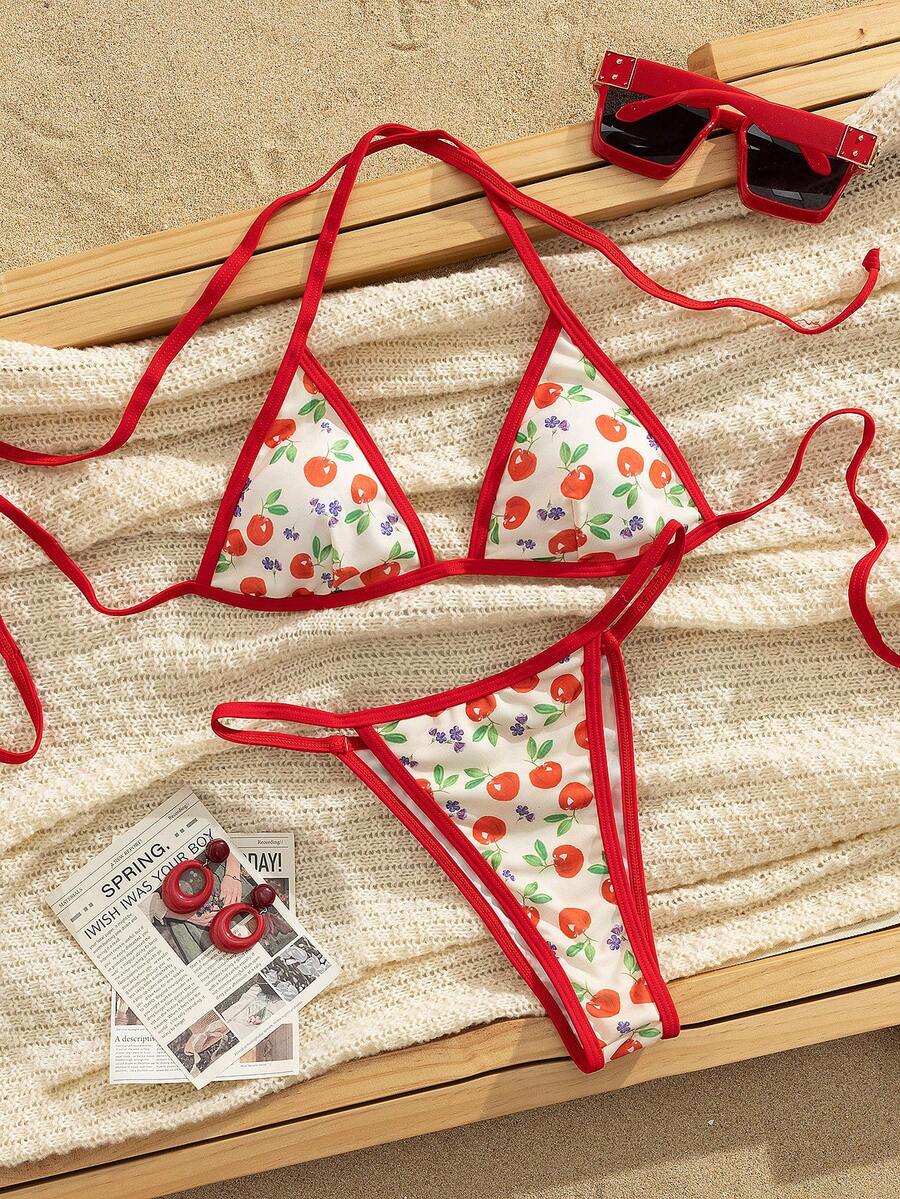 Summer Sexy Micro Bikini 3pcs Random Printed Triangular Beach Swimwear, Holiday - Red - View 1