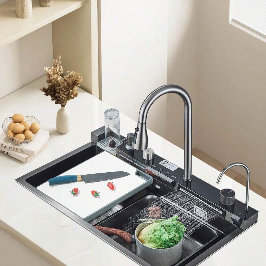 Gray Flying Rain Stainles Steel Waterfall Body Kitchen Sink With Pull Down Faucet Digital Display Large Single Bowl Dish Basin Above Counter Set With Pure Faucet,Soap Dispenser,Plastic Cutting Board And Cup Washer - Súng xám - Xem 1