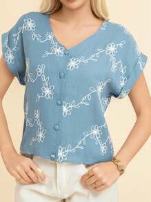 V-Neck Blouse With Short Sleeves, Embroidered And Openwork, - Blue - View 8