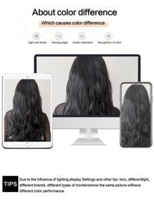 Peluca con diadema de cabello ondulado de 24 pulgadas de longitud "JENNIFER", accesorios de peluca sintética con diadema (diademas disponibles en varios modelos), pieza de cabello natural liso, media peluca (negro, castaño claro) - Negro - Ver 9