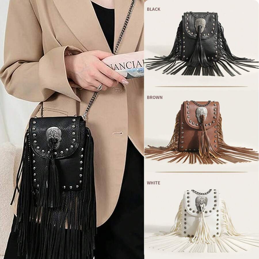 Steampunk Fringe Crossbody Bag, Rivet Shoulder Bag, Retro Fringe Phone Pouch (Black)