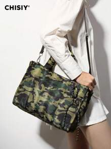CHISIY Bolso de mano de lona con estampado de camuflaje verde, hecho a mano, con correa para el hombro, de gran capacidad, estilo casual y minimalista, unisex, adecuado para el trabajo, los viajes, las compras y los negocios, un regalo ideal para el Día de San Valentín y Año Nuevo, ideal para chaquetas de plumas de otoño/invierno