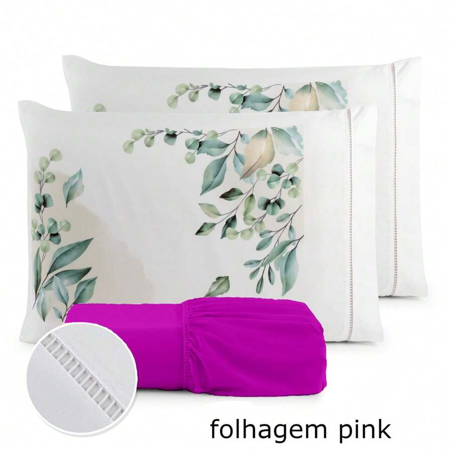 3-Piece Queen Size Sheet Set With Leaf Print And Elastic - Màu Hồng Tươi - Xem 1