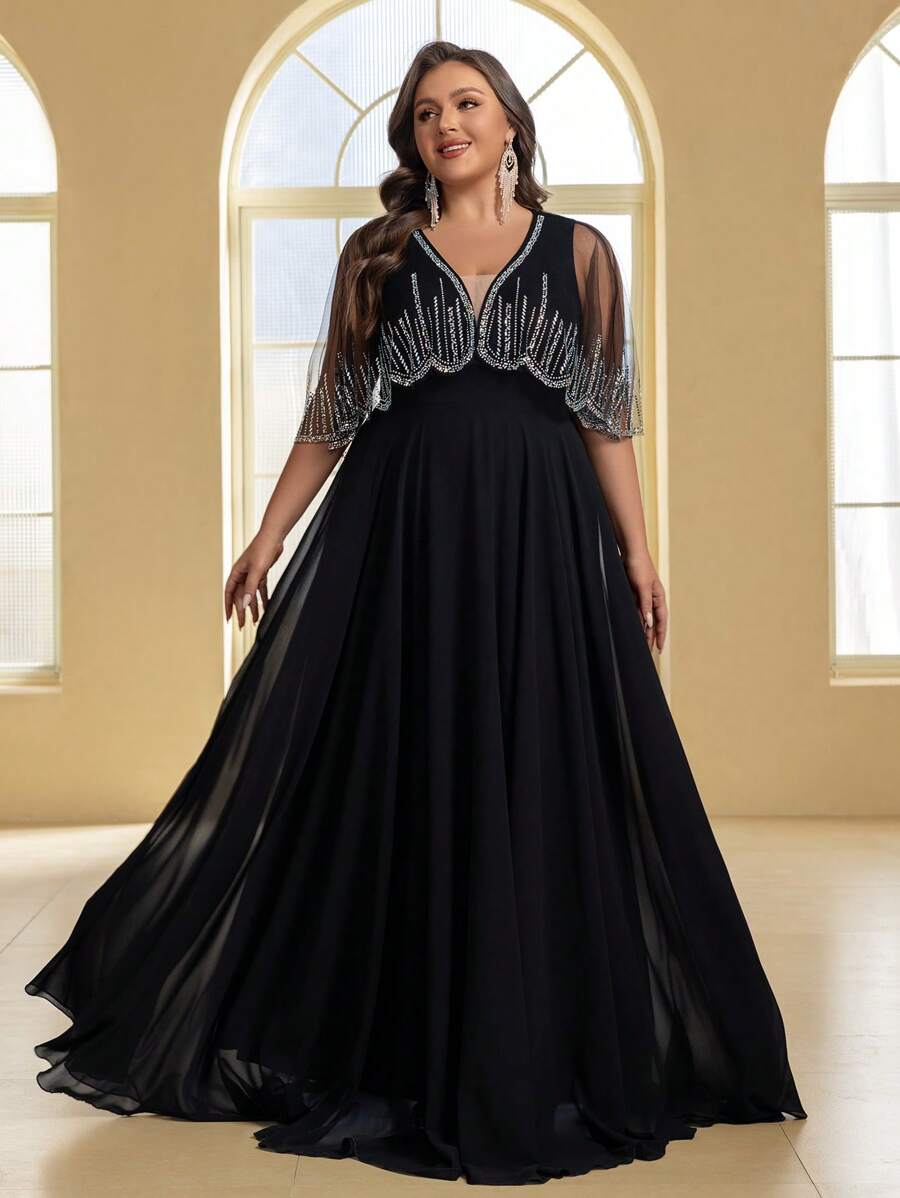 YISIKADO Đầm dự tiệc cổ chữ V bằng vải voan lưới đính đá sang trọng cỡ lớn có khăn choàng, Đầm dự tiệc cưới, Đầm trang trọng, Váy dạ hội