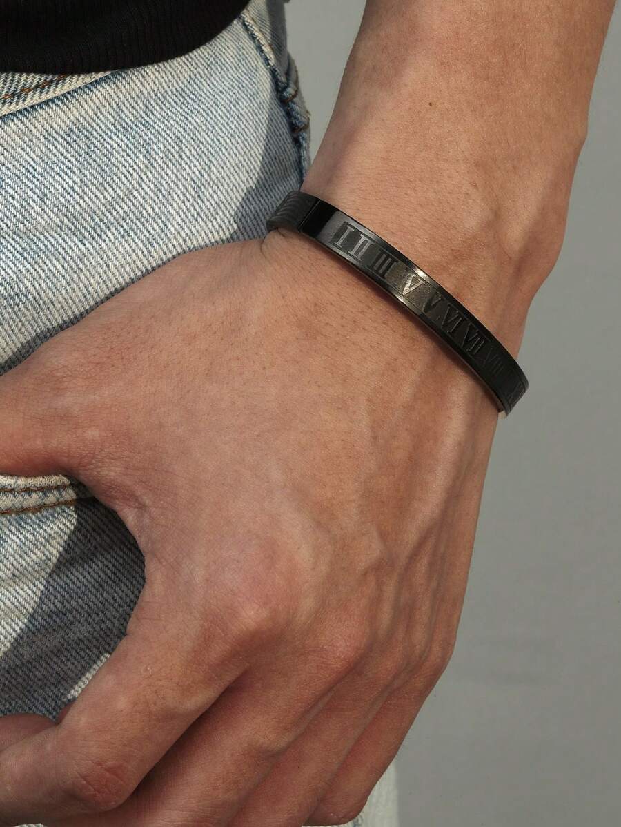 1 件简约不锈钢罗马数字手镯（可打开） - 黑色 - 查看 1