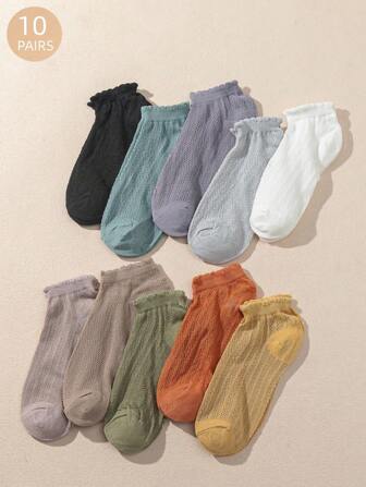 10 Pairs Women Solid Color Lace Hollow Out Casual Socks, Spring/Summer
