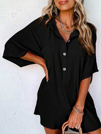 Astylish Plain Half Sleeve Button Collared Loose Oversized Shorts Romper With Pocket Summer Outfits For Women